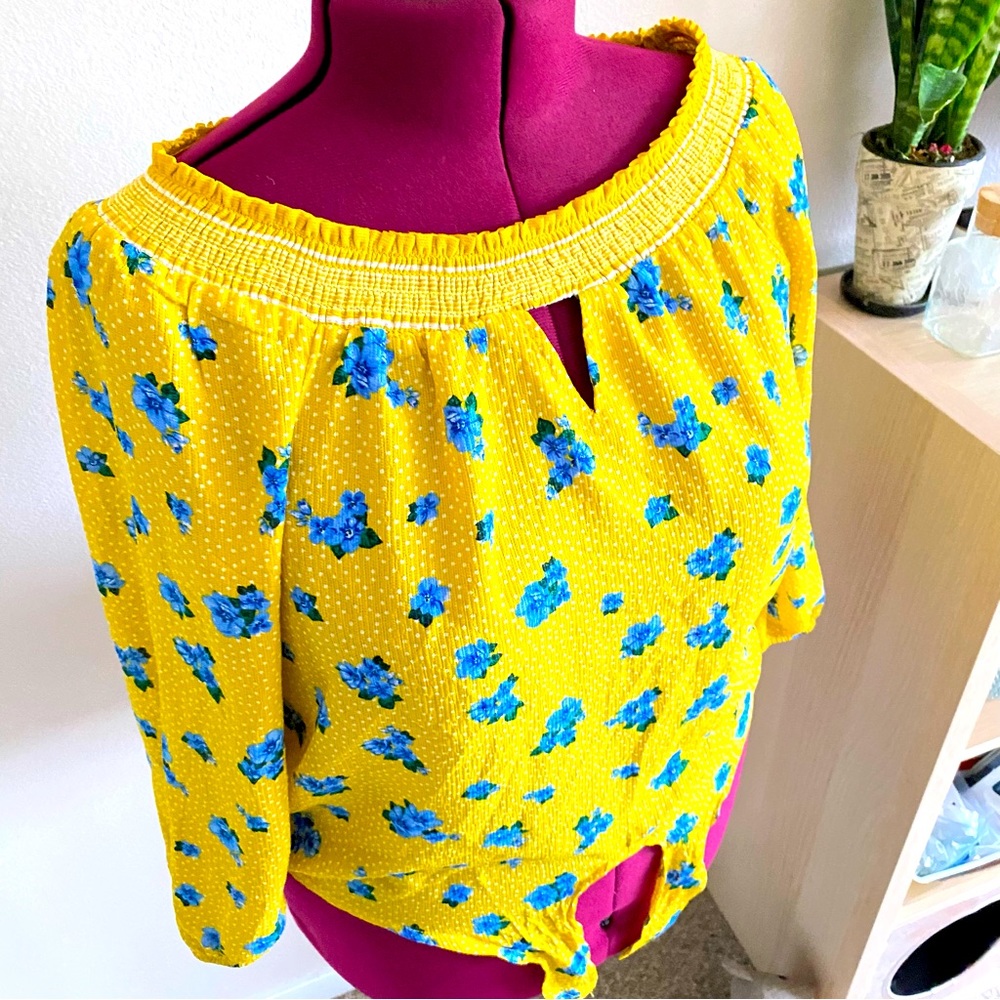 No boundaries size 2X women’s blouse, long sleeve shared neckline, yellow blue